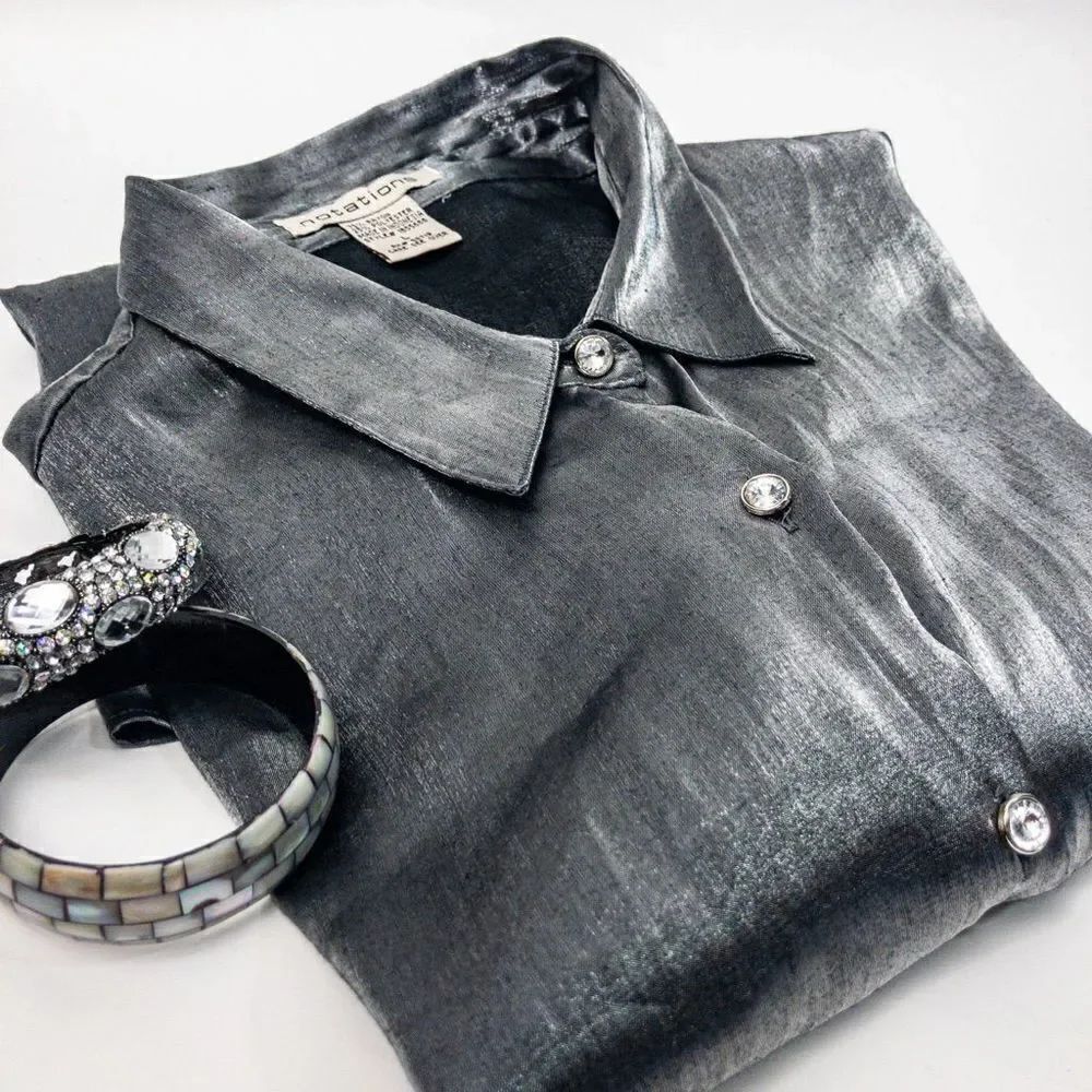 Silver Mercury Button Down Blouse Diamond Buttons Sz L